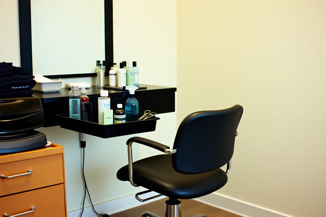 Rented salon chair and station with tools and products (Booth renter rules in Tennessee and Minnesota cosmetology boards)