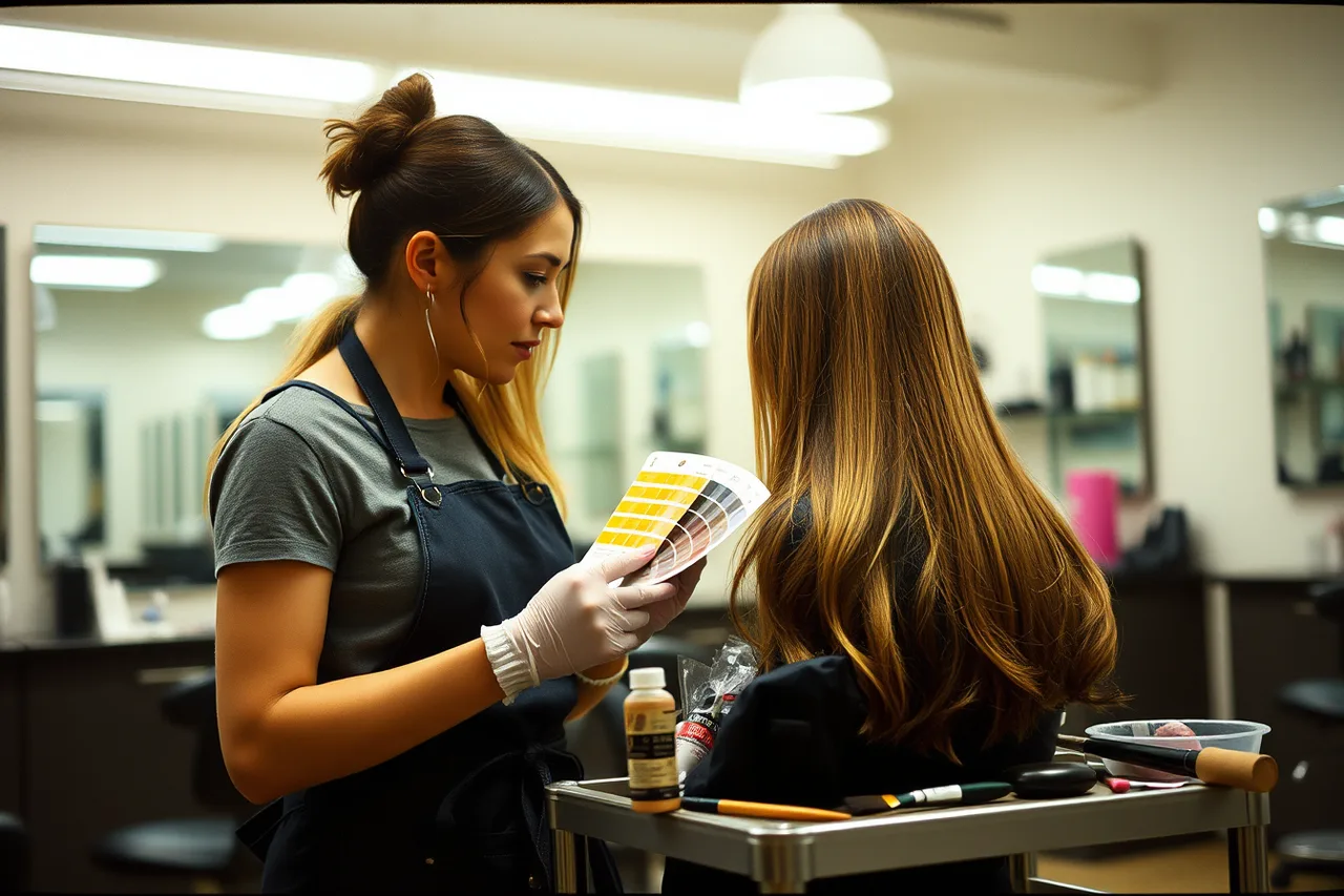 Stylist examining client hair strands with color swatches during consultation (Reliable staff for a hair salon: where to look and how to choose)