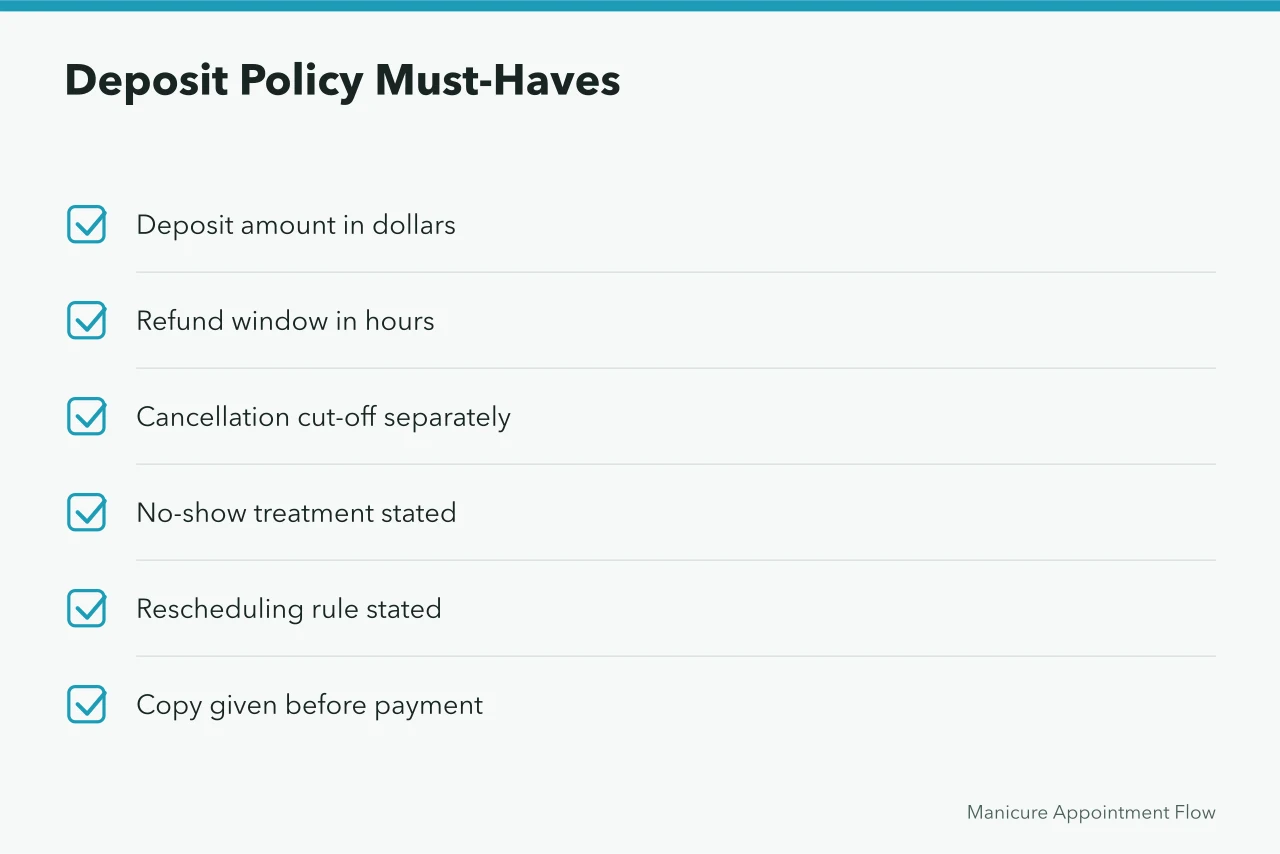 Checklist of six required elements in an enforceable salon deposit policy (What Are Nail Salon Deposit Laws in Ontario? What Owners Can and Cannot Charge)