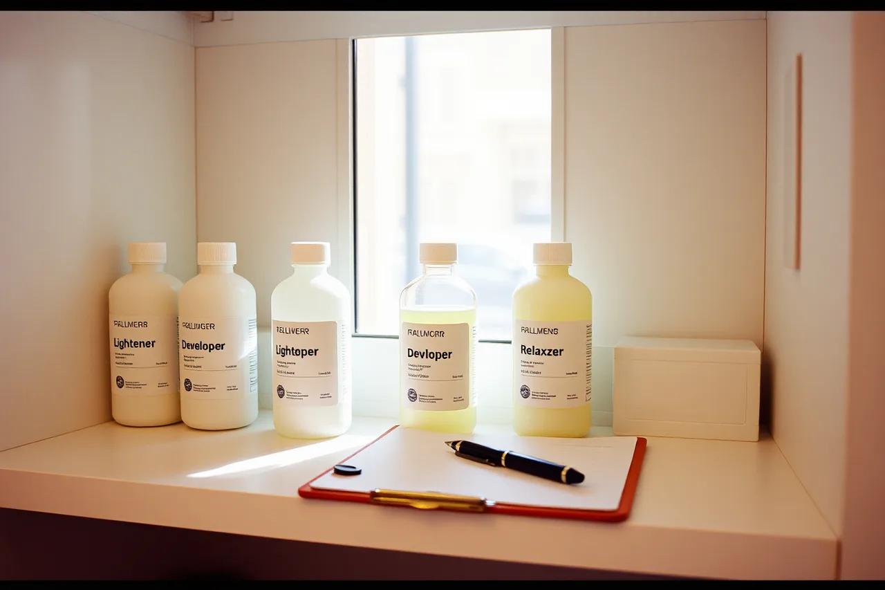 Salon worker writing chemical inventory on clipboard at dispensary shelf (What OSHA and EPA rules mean for salon chemicals and waste?)