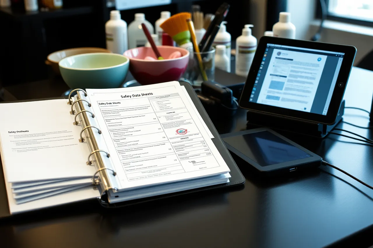 Safety data sheet binder and tablet on salon color bar (What OSHA and EPA rules mean for salon chemicals and waste?)