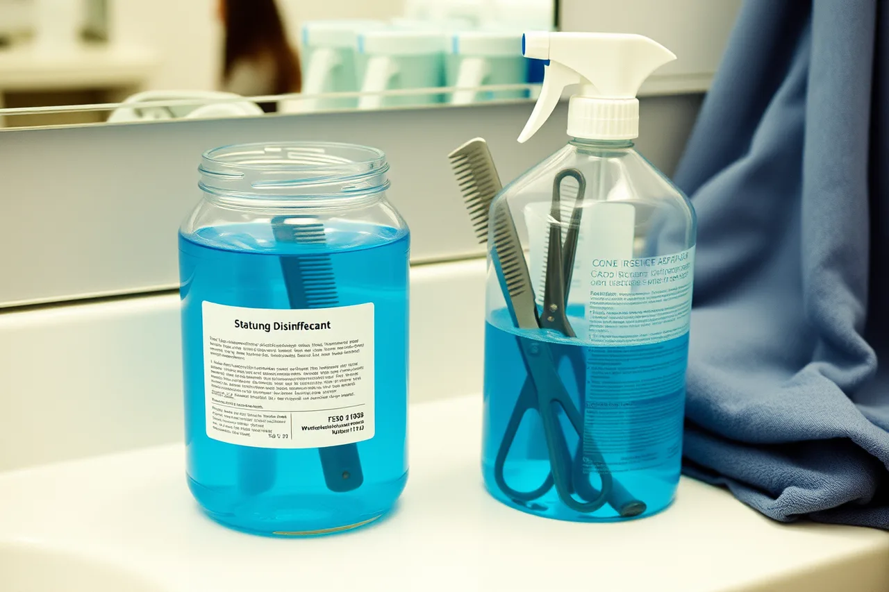 Combs soaking in labeled salon disinfectant jar with EPA-registered bottle (What OSHA and EPA rules mean for salon chemicals and waste?)