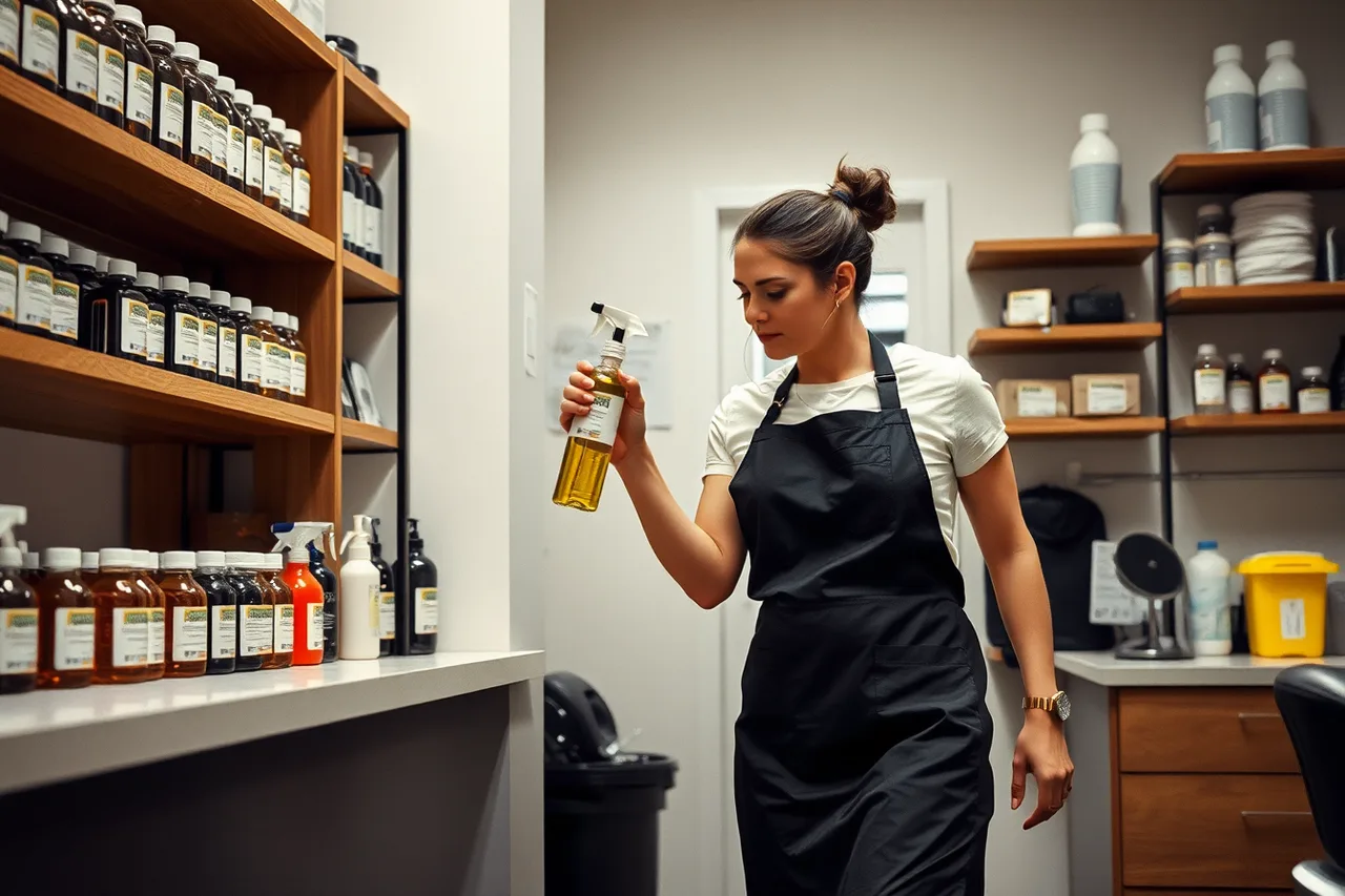 Salon manager checking labels on decanted bottles during walk-through (What OSHA and EPA rules mean for salon chemicals and waste?)